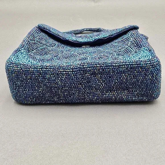 VTG Beaded Purse Made in Japan Blue Mosaic Iridescent Evening Bag Top Handle 60s - Picture 2 of 14